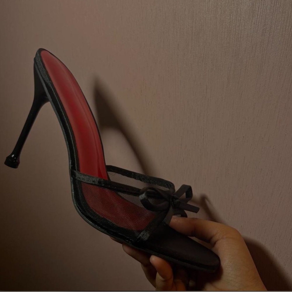 Black Mesh Bow Slide Stiletto with Red Insole